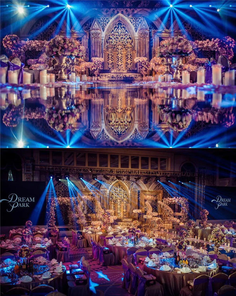 欧洲奢华风格复古婚礼策划幻想紫色系列鲜花婚礼场景布局装饰蓝光设计