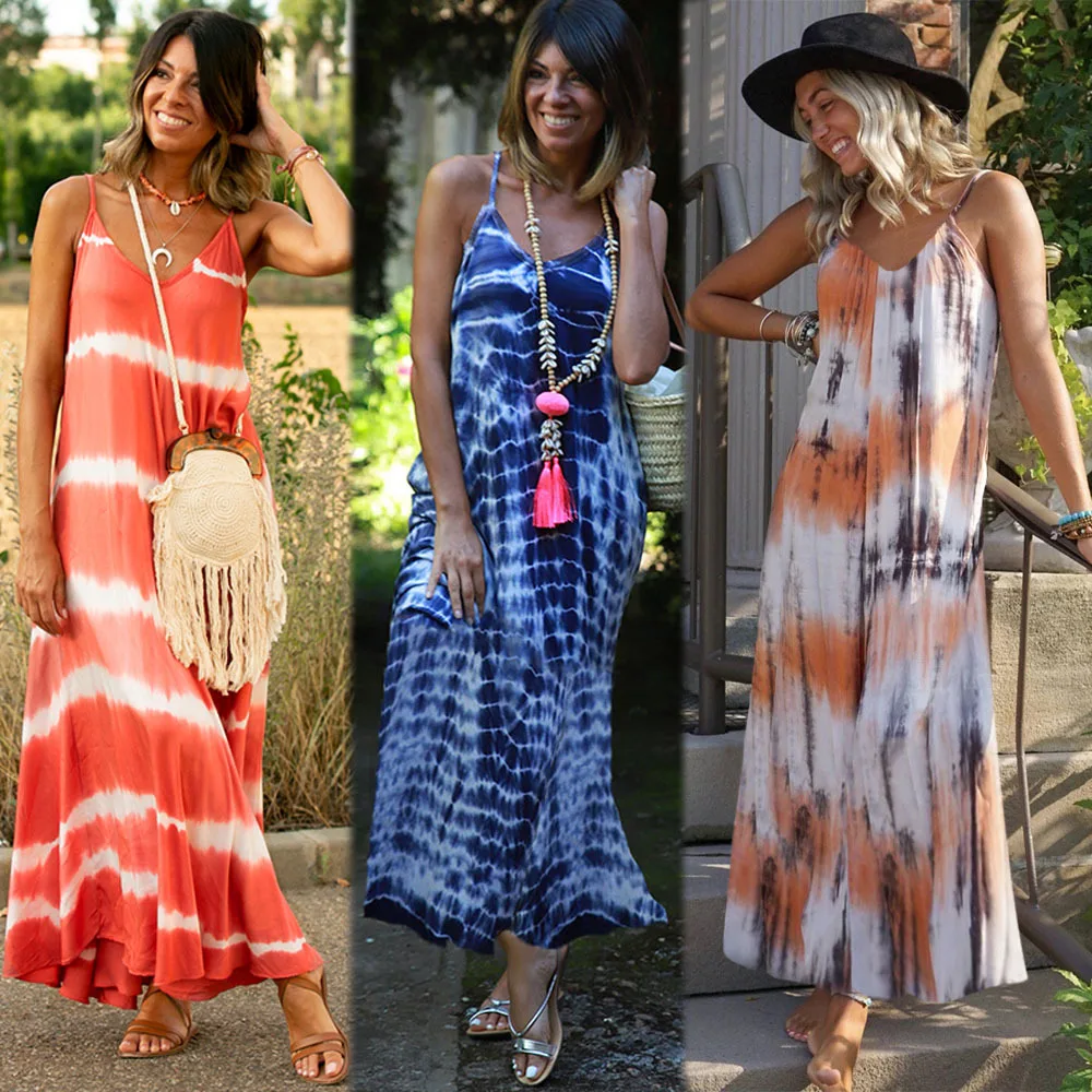 

2021 Fashion Tie Dye Maxi Dress Casual Women Beach Bohemia Loose Spaghetti Strap Summer Dresses