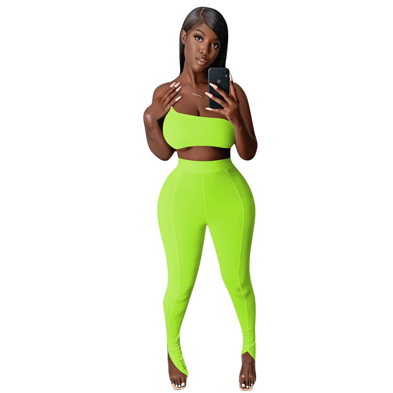 

Wholesale Summer Ladies solid color crop top and long pants sets bodycon asymmetrical yoga suits