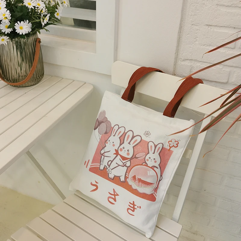 

Customized Rabbit Printed Canvas Tote Bag Premium Shopping Bag Cute Canvas Tote Bag With Woven Handle, White, custom color