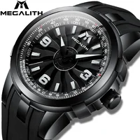 

MEGALITH 3ATM Waterproof Turbine Rotation Dial Black fashion sport Cool Rubber Band Luxury Mens Quartz Wristwatch Reloj Hombre