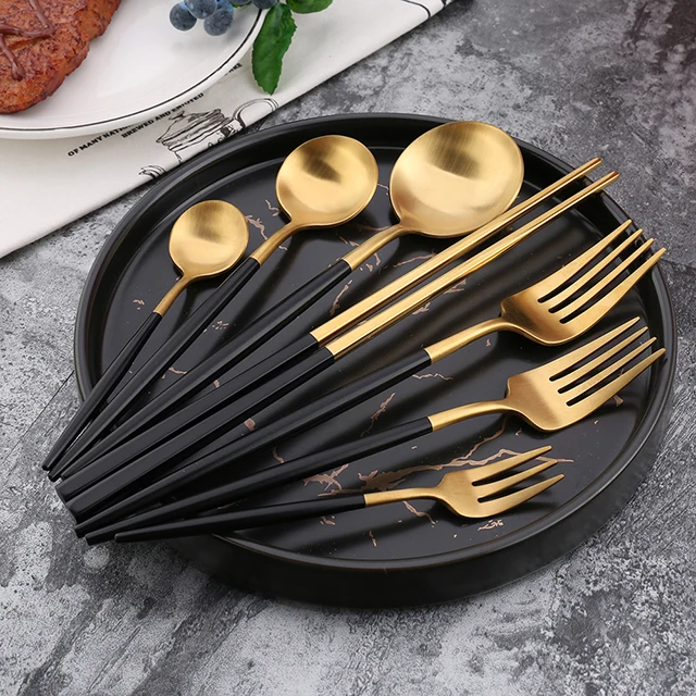 
Wholesale high quality 4 piece cutlery set sanding polishing gold black cutlery set dinnerware fork and knife set 