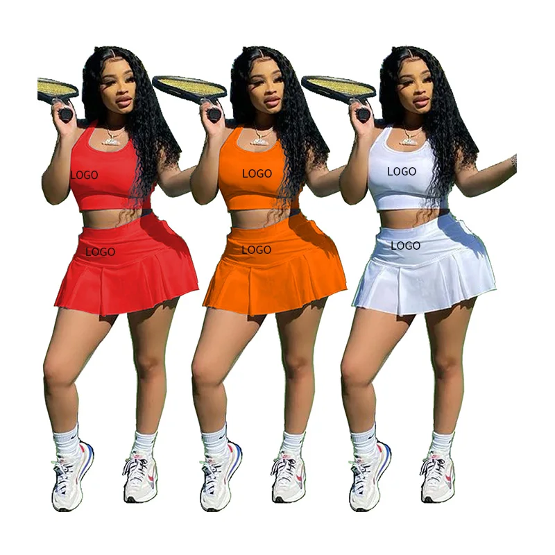 

2021 summer women Women Casual Plus Size Sexy 10colors XS solid color vest with Tennis Fladas Pleated Mini Skirts set