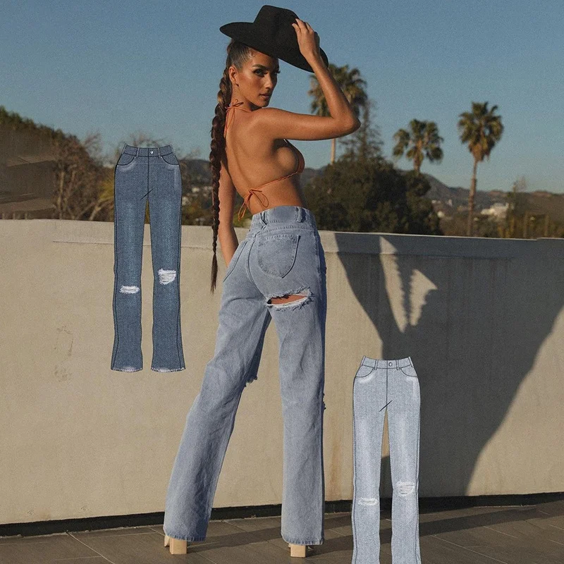 

Denim Pants Women 2021 Summer Light Blue High Waist Zipper Skinny Denim Jeans Pants Hole Pocket Casual Women Denim Long Pants