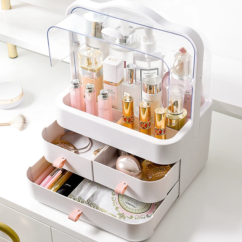 

Makeup organizer cosmetic storage box plastic, Sky grey, pretty pink, ivory white
