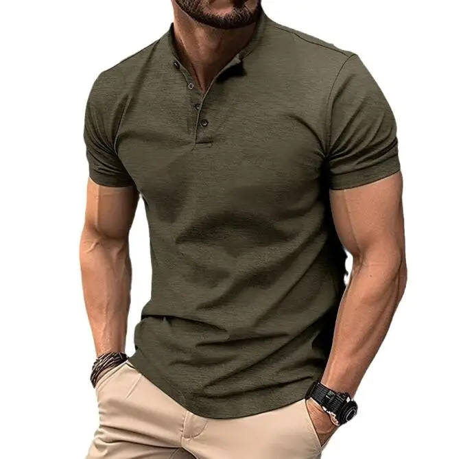 Wholesale Henry Neck Men's t Shirt Soft Cotton Blend Three Buttons Collar Top Short Sleeve Casual t Shirts