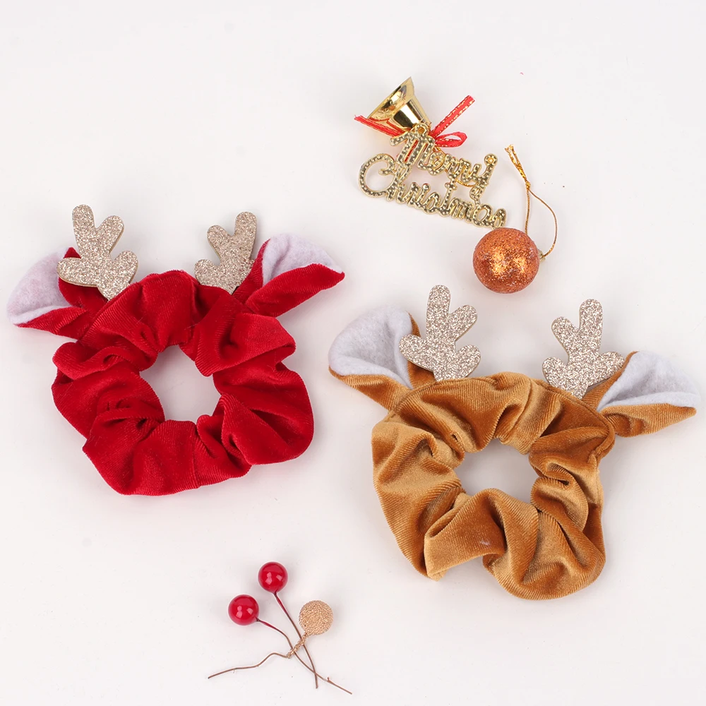 

4inch Fashionable Cute Babies Christmas Hairband Velvet Fabric Hair Scrunchies with Elk Ear Decoration for Lovely Girls