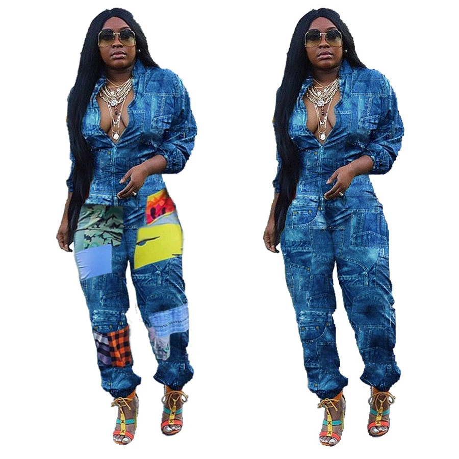 

KaiChen Fashionable Women's v-neck vest Long Sleeve Leisure Denim Printing Turn-down Collar Trousers Casual plus size Jumpsuits, As picture or customized make