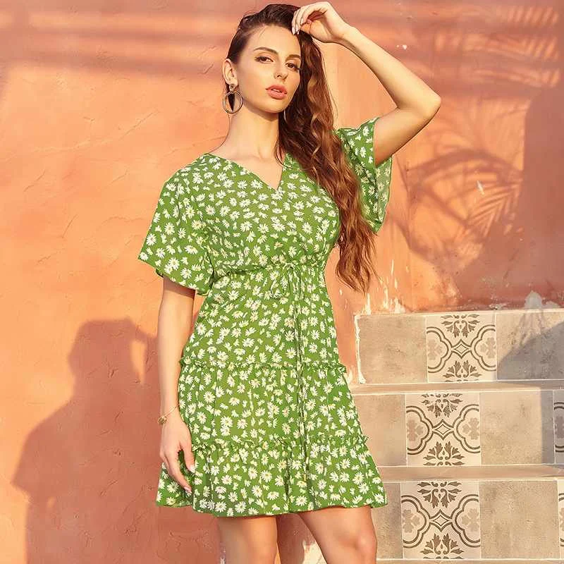 

Fashion Chiffon Floral Dress Summer French Sweet Retro Casual Dress, Picture color