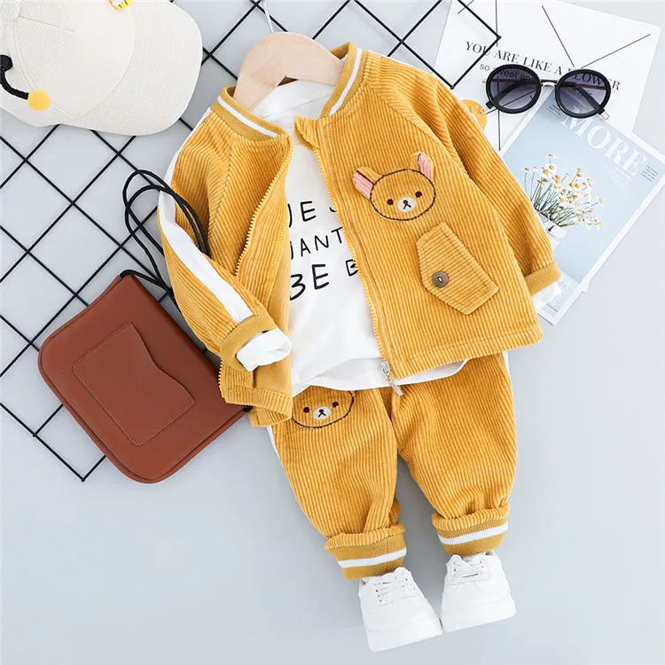 

Cartoon Design Little Boys Girls Clothes Set Baby 3pcs Spring Autumn Coats Long Sleeve Shirt + Jacket + Pants Children Clothing, Purple, pink, yellow