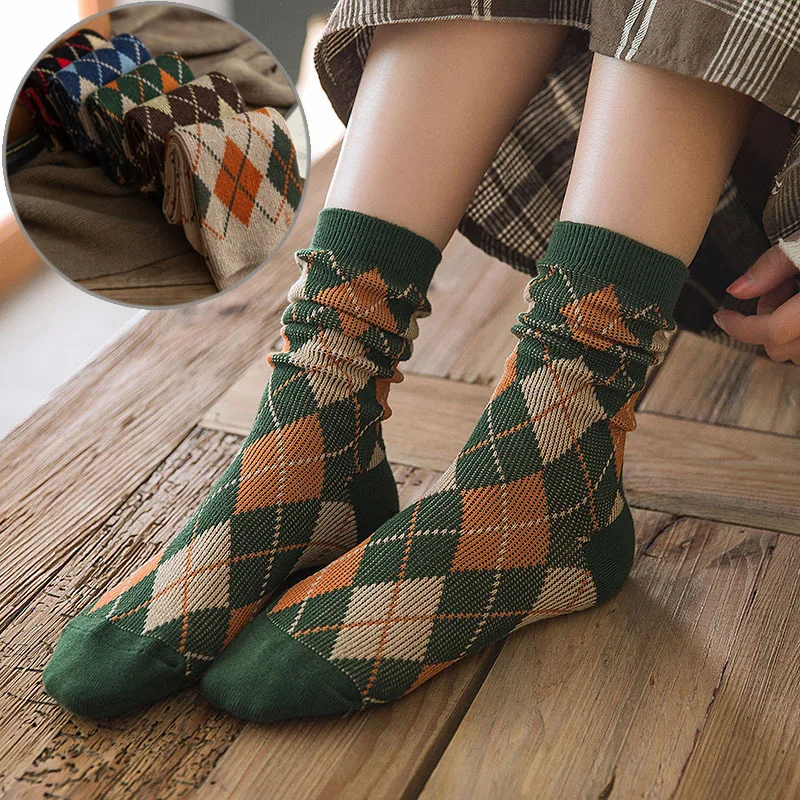 

JULY'S SONG Europe British Style Socks Women Vintage Mid-Calf Socks For Autumn Winter Combed Cotton Fashion Girls Pile Socks, Black, dark green, khaki, coffee, navy blue, wine red