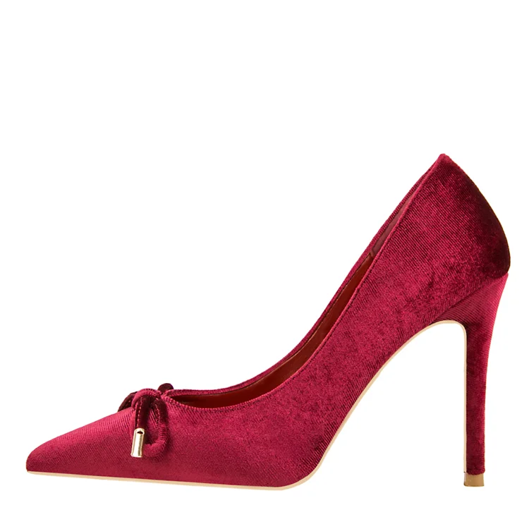 

Velvet slim heel with purely pointed toe bowhigh heels, Red, black, blue, pink
