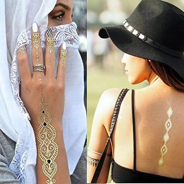 

Gold Sexy Henna Stencils Print Temporary Tattoo Sticker Traditional India Paste Lace Vagina metal Henna Tattoo Cone Supplies