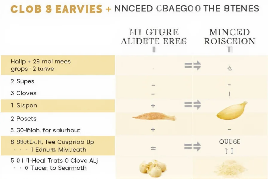 Comparison of different garlic forms with proper measuring techniques showing fresh cloves, minced garlic, and garlic powder