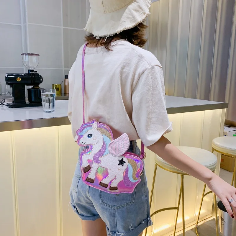 

Cute Lady Handbag PU Leather Laser Crossbody Bag Small Messenger Bag Glitter Unicorn Single Shoulder Bag, Customizable