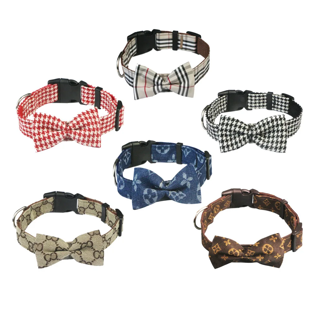 

Amazon hot-selling fashion brand bow tartan plaid pet dog collars leash set for cat