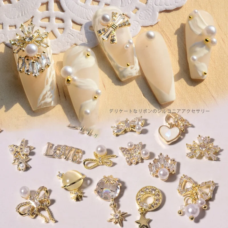 

Paso Sico Luxury Butterfly Jewelry Gold Pearls Nail Pendant Diamond Valentina Day Metal Alloy Zircon 3D Nail Charms for DIY Art
