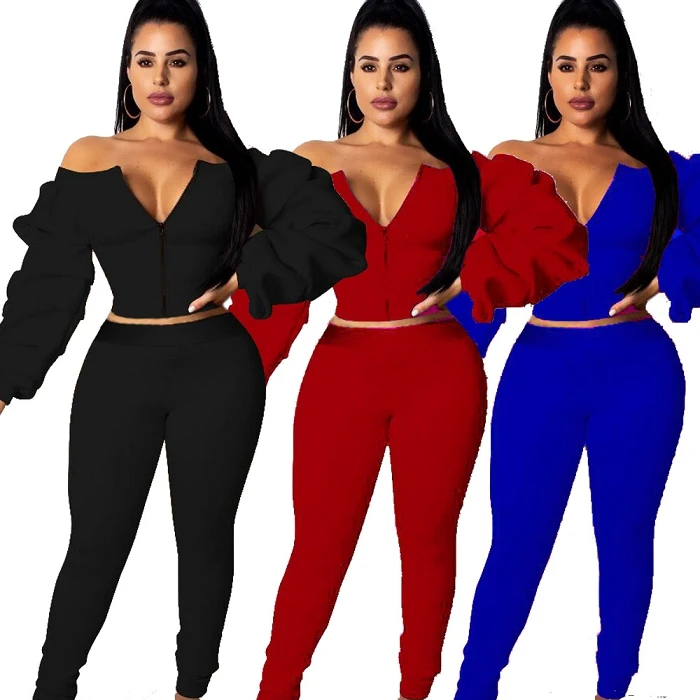

2020 Women Fall Clothes Outfit Two Piece Off Shoulder Puff Sleeve Clothing Solid Color Women Sexy Yoga 2 Piece Set