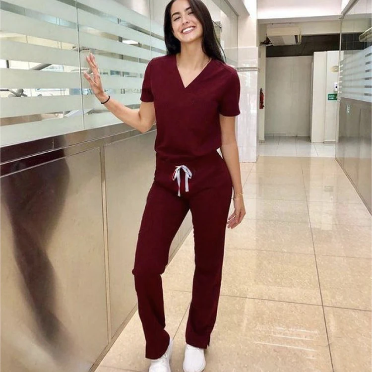 

factory Hot Sale reusable washable soft Stretch fabric burgundy medical scrub set hospital nurse uniform