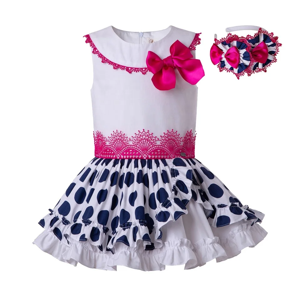 

2021 New Spring Pettigirl Toddler Girl Dress with Hairband Polka Dots Girls Wedding Dress with Bow Pink Big Girls Clothes