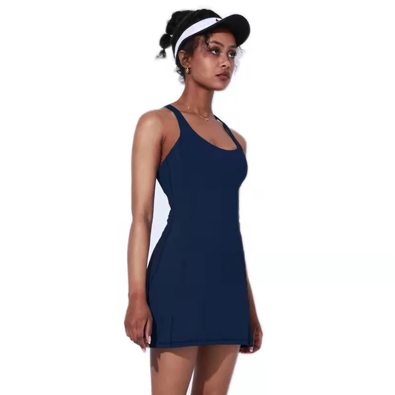 

2022 Women Exercise Workout Dress with Built-in Bra & Shorts Pocket Athletic Sleeveless Dress for Golf Tennis