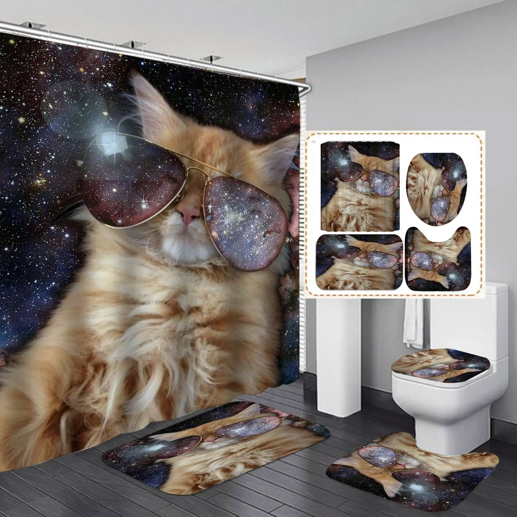 

Factory whoelsale waterproof bathroom sets and rugs animal cute cat shower curtain set