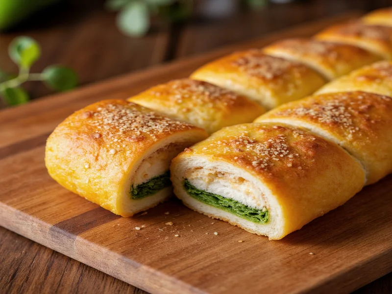 Golden homemade stromboli sliced open showing layered fillings