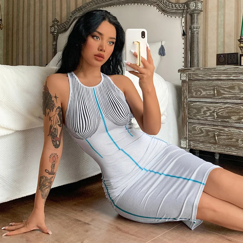 

M3662 fashion sexy striped printed backless sleeveless bandage women dresses