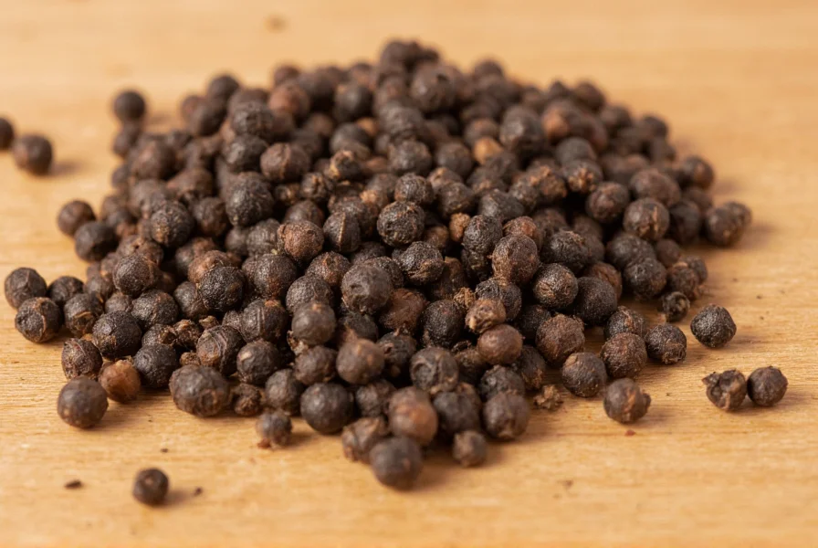 Close-up of whole black peppercorns next to freshly ground black pepper on wooden surface