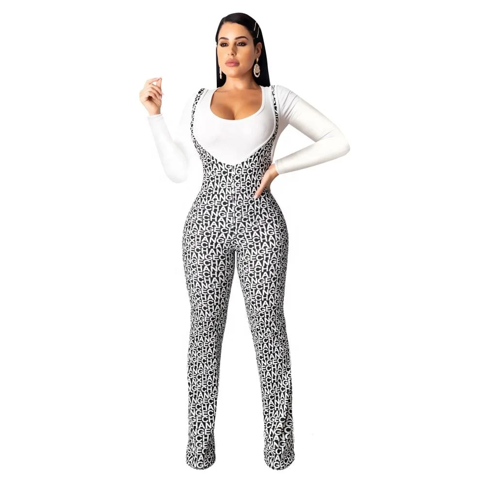 

Hot sale casual women black overalls and white Tshirt jumpsuits with letter printed
