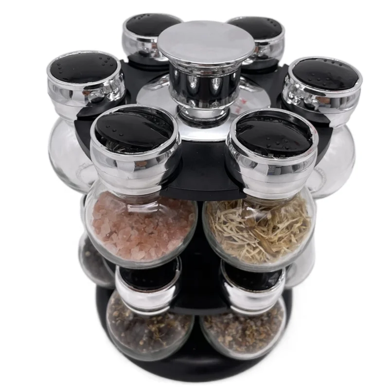

Herb and spice rack kitchen Revolving Carousel Set Includes 16 Filled Spice Jar glass Bottles seasoning jars set, Transparent or customized