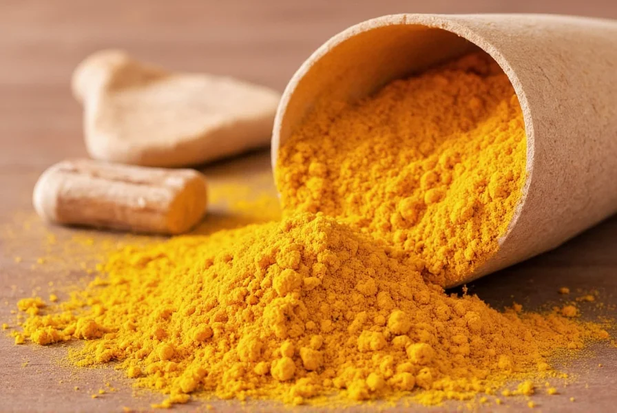 Various containers of turmeric powder displayed on wooden table