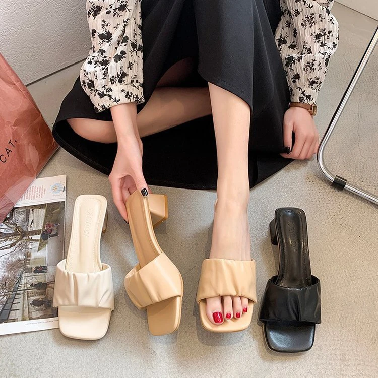 

2022 New Shoes Square Toe Black Heels Pu Slippers Square Heels For Ladies Summer Sandals