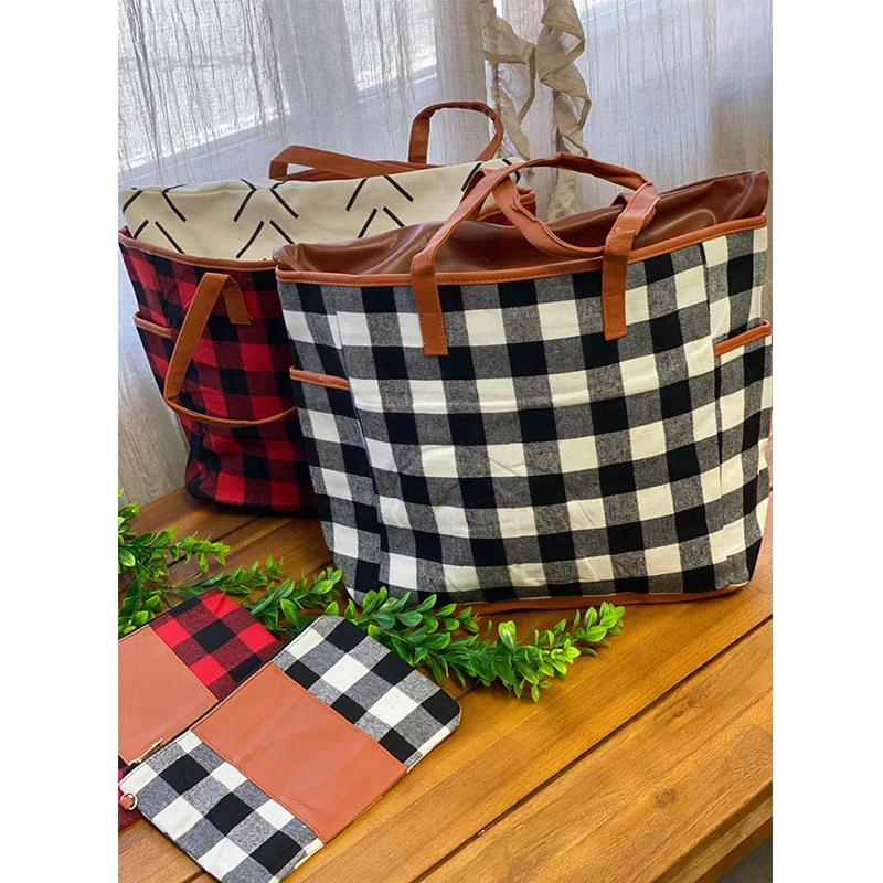 

Women Tote Bag Wholesale Fashion Canvas Two Sets Buffalo Plaid Women Tote Bag, As pic show