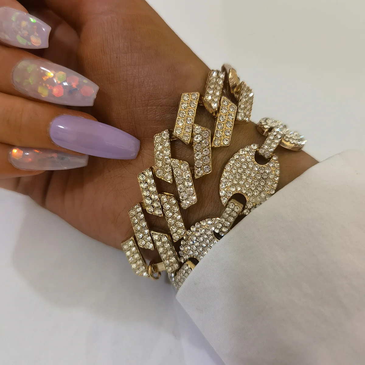 

European Punk Women Jewelry 2Pcs/Set Adjustable Bling Coffee Bean Link Chain Bracelet Iced Out Prong Chain Strip Cuban Bracelet