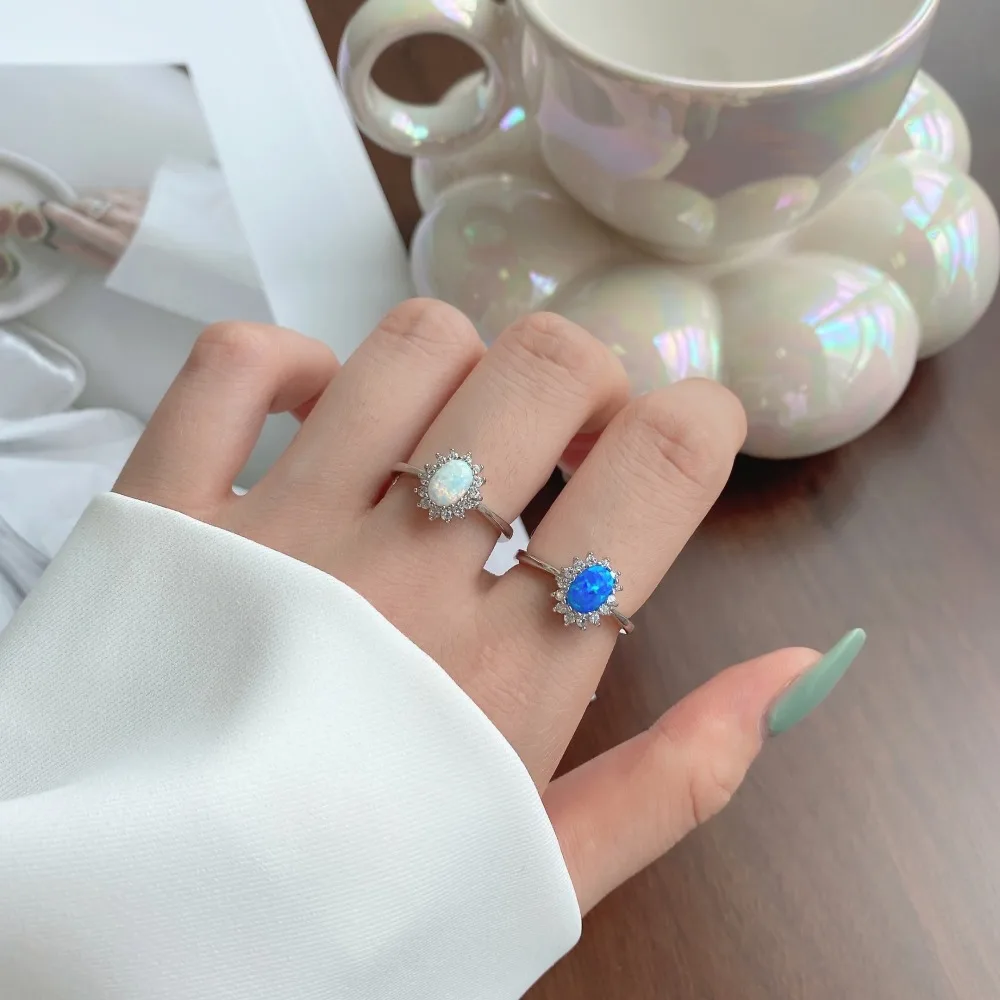 5A Cz Cubic Zirconia Sunflower oval S925 Sterling Silver Fashion Jewelry  Ring For Engagement Wedding Round Blue Opal Ring