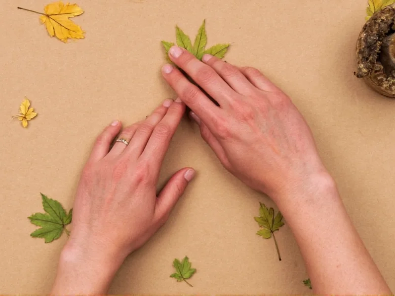 Hand arranging pressed maple leaves on recycled cardboard