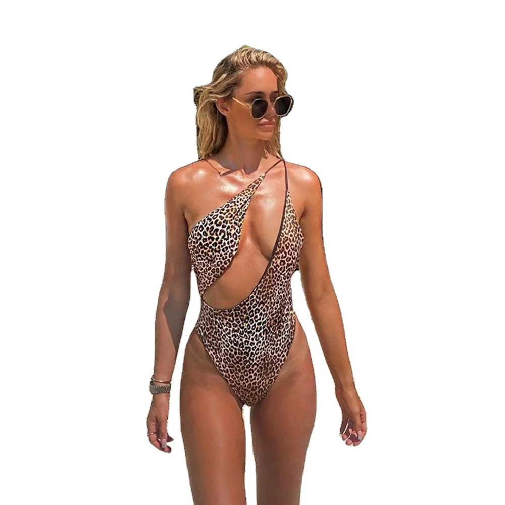 

OEM 2021 Sexy Leopard Print One Shoulder Swimwear Beachwear One Piece Swim Suit Women Custom bathing suits, Customized color