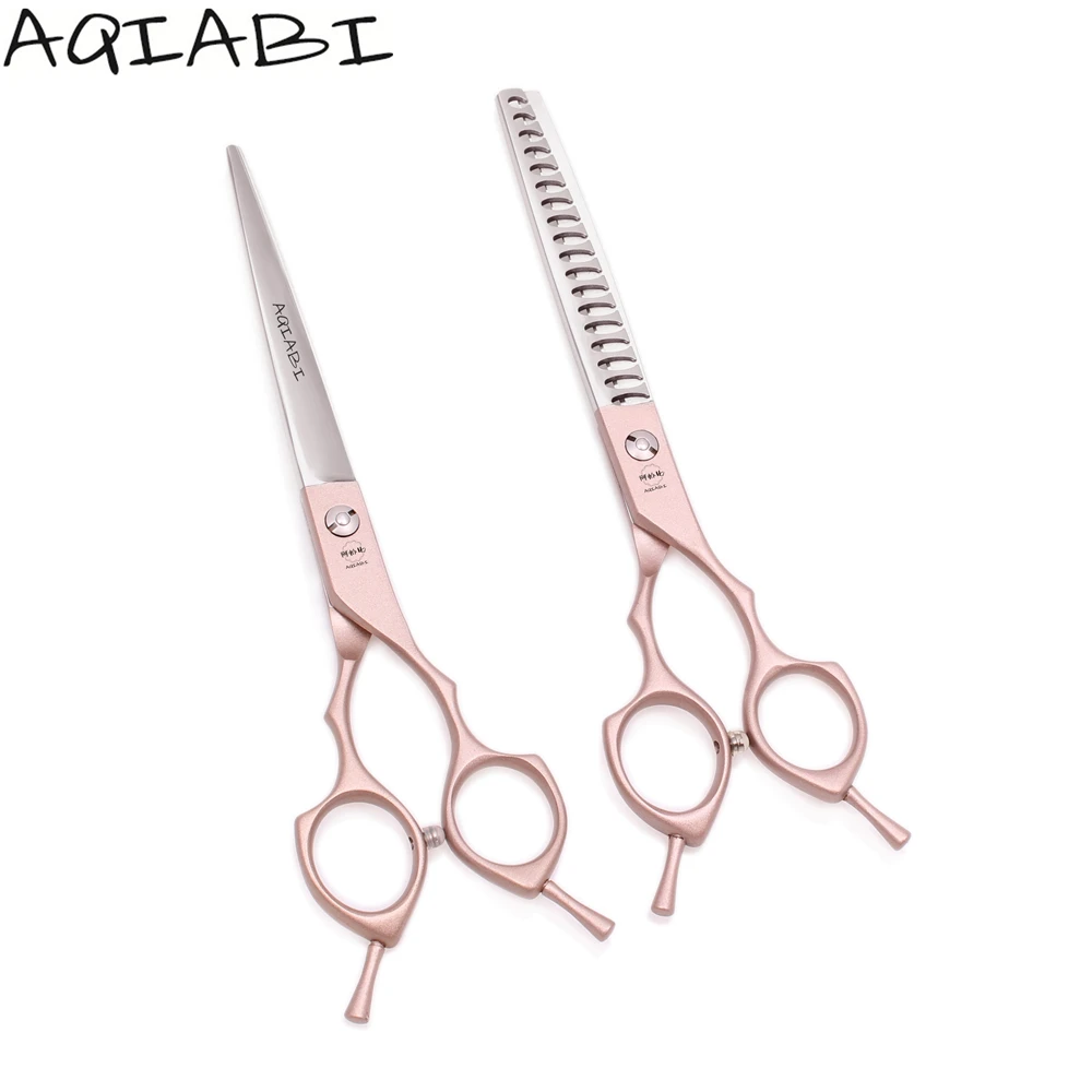 

Pet Scissors 6.5" AQIABI JP 440C Dog Grooming Scissors Straight Shears Thinning Shears Rose Gold A9029, Pink handle