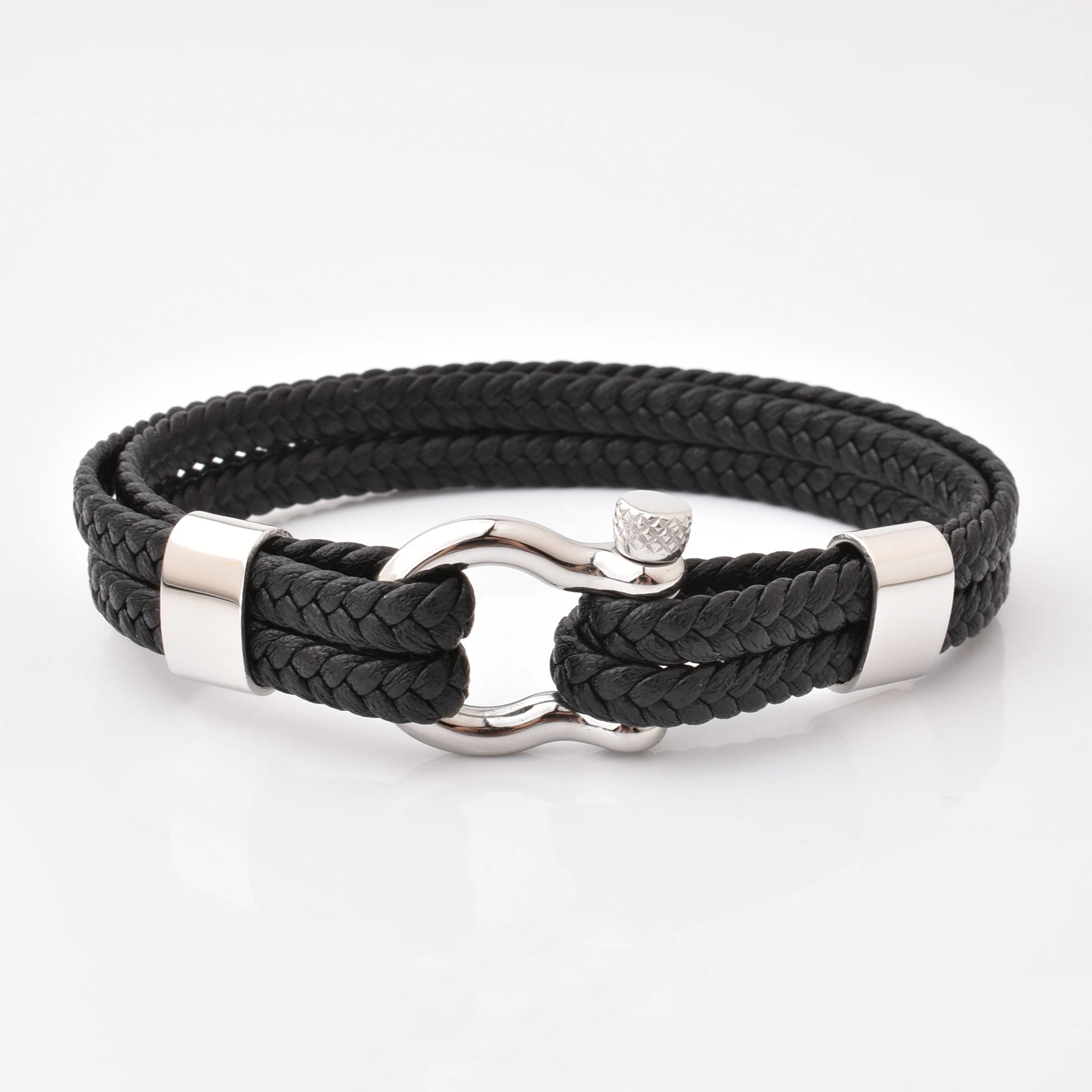 

Wholesale Leather Bracelet Men Shiny Silver Shackle Clasp Double Leather Bracelet
