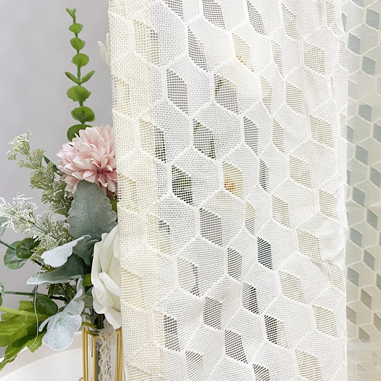 

Customized beige pattern hexagon jacquard knit polyester window living room tulle lace voile sheer curtain fabric