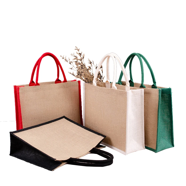 

wholesale Colorful Eco Burlap Grocery Foldable Reusable Tote Shopping Bags Jute Bags with Custom Logo, Customized color