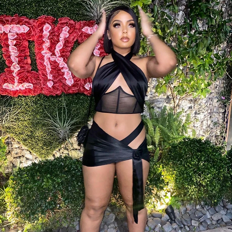 

Bomblook W21ST147 Sleeveless Crop Top Mini Skirt Sets For Women Two Pieces Solid Color Sexy Women 2 Piece Set