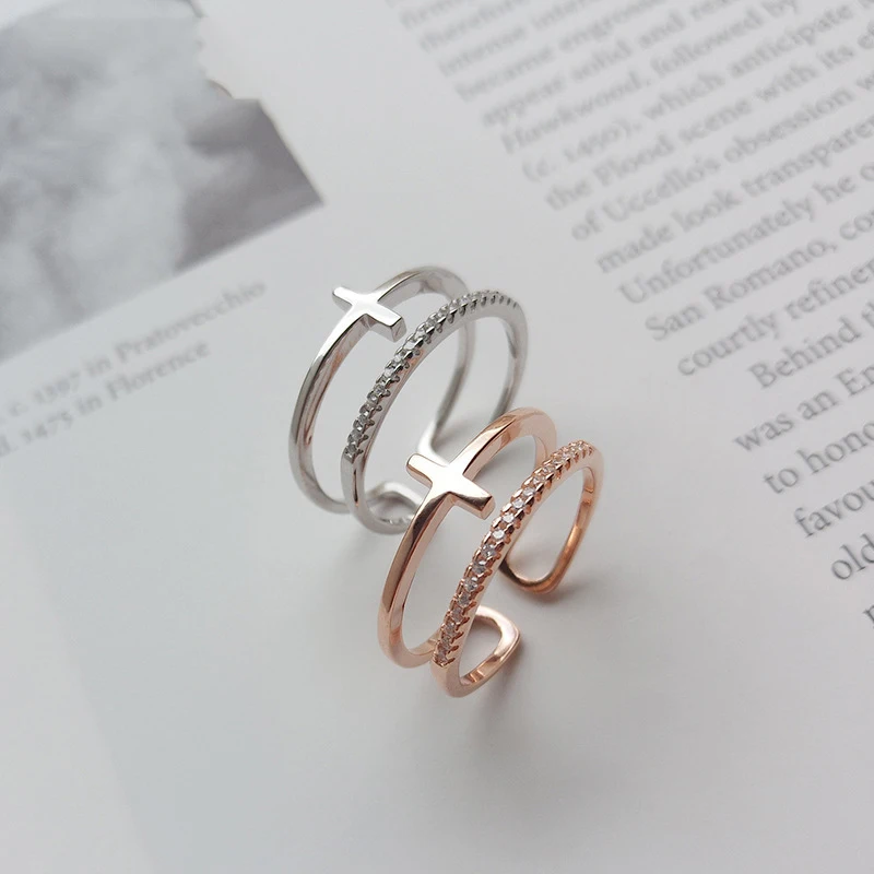 

Pure 925 Silver European American New Design Creative Concise Double Layer Cross Open Rings Fine Jewelry