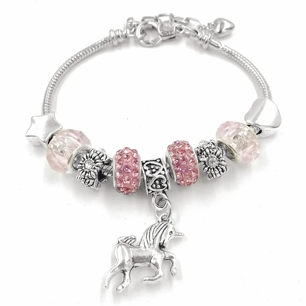 

DIY Jewelry Snake Chain Pink Crystal Beads Animal Bracelet Heart Unicorn Beaded Charm Bracelet For Women