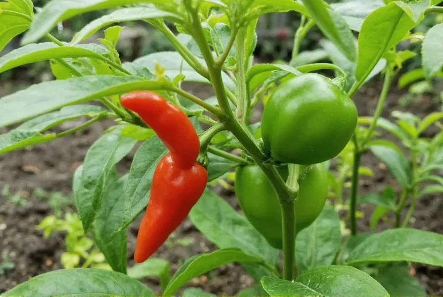 Fresno chili plants growing in a garden with both green and red peppers visible on the vine
