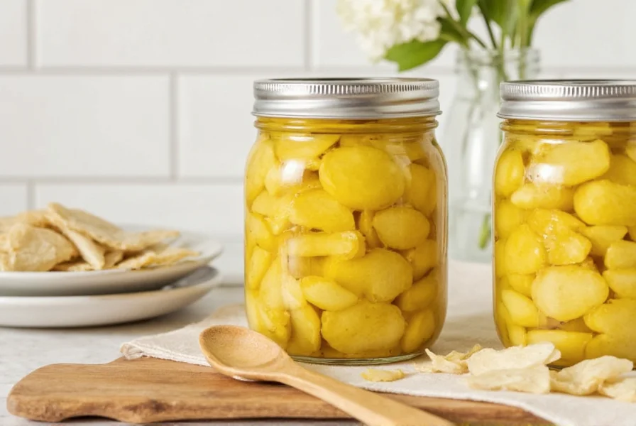 Fresh ginger root, rice vinegar, sugar, and salt arranged for homemade pickled ginger recipe