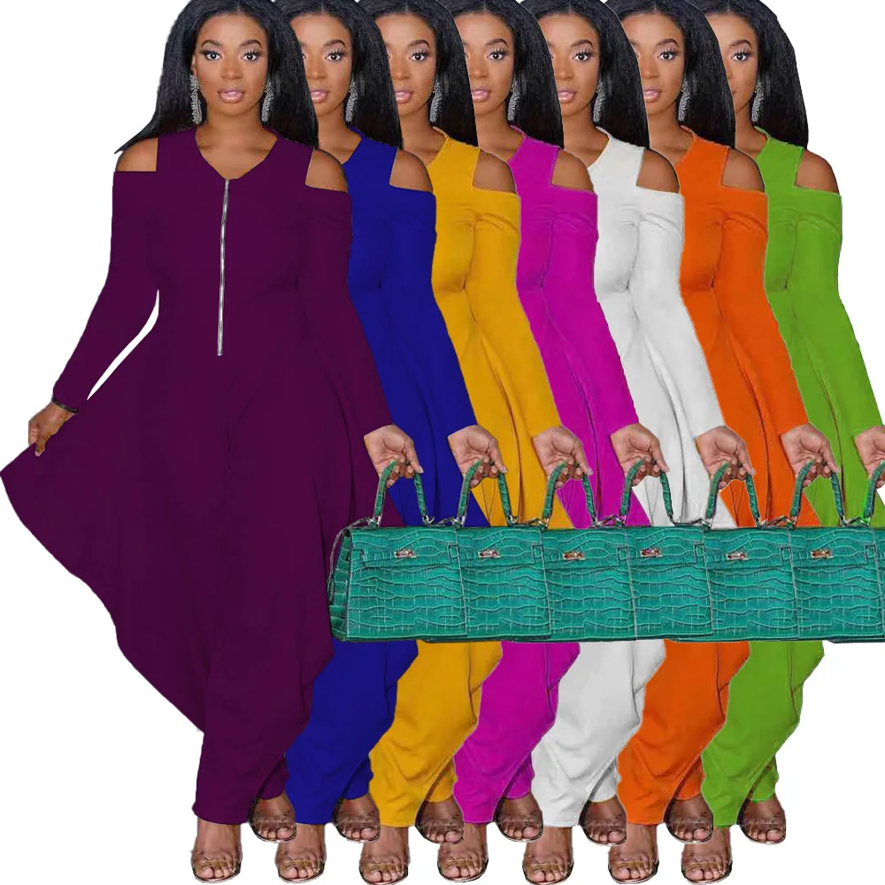 

fall 2021 women clothes new arrivals solid color off-the-shoulder long-sleeve stylish loose jumpsuit tracksuit women wear, As picture