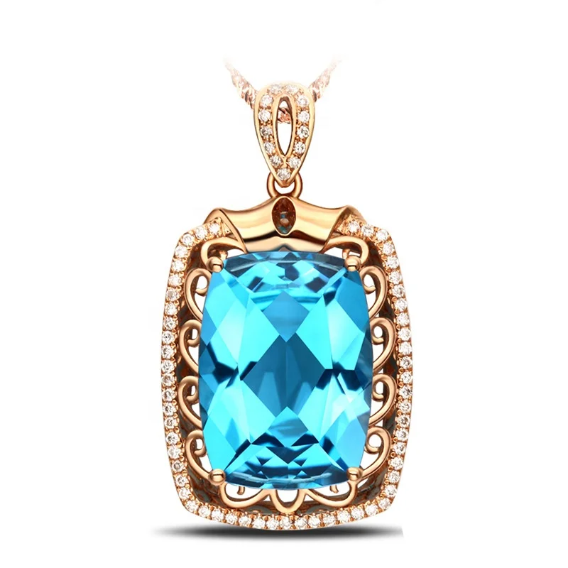 

Vintage Sea Blue Zircon Pendant Necklace For Women Large Crystal Stone Rose Gold Color Necklace Chain Wedding Jewelry