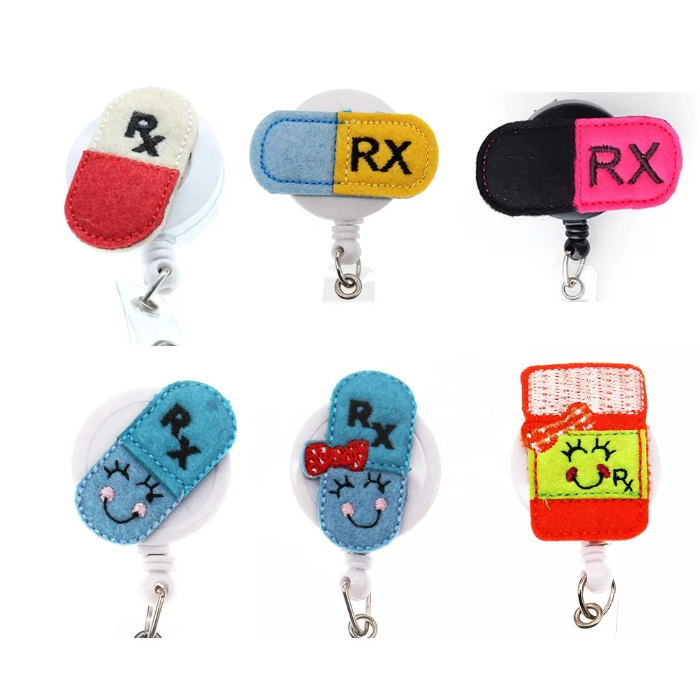 Medical Felt Pill Nurse RX Pharmacy Retractable ID Card Badge Holder Pull Reel, Various, as your choice